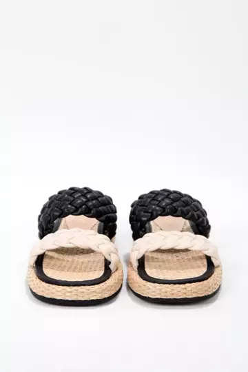 Kadın Siyah Bej Terlik Hasır Detaylı Terlik