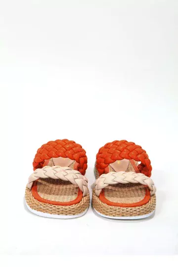 Kadın Siyah Bej Terlik Hasır Detaylı Terlik