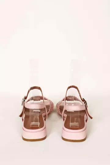 Kadın Bej Alçak Topuklu Örgülü Sandalet