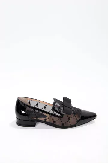 Kadın Siyah Rugan Tül Fiyonk Detaylı Ayakkabı