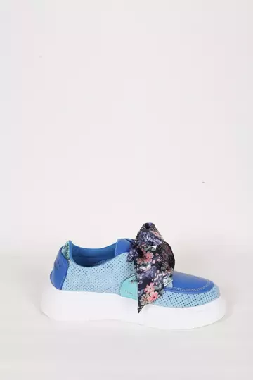 Kadın Mavi Hakiki Deri Kurdele Detaylı Sneaker