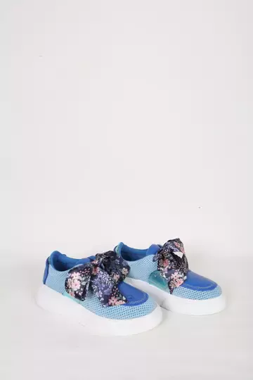 Kadın Mavi Hakiki Deri Kurdele Detaylı Sneaker