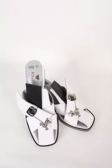 Kadın Deri Terlik Topuk Detaylı Beyaz