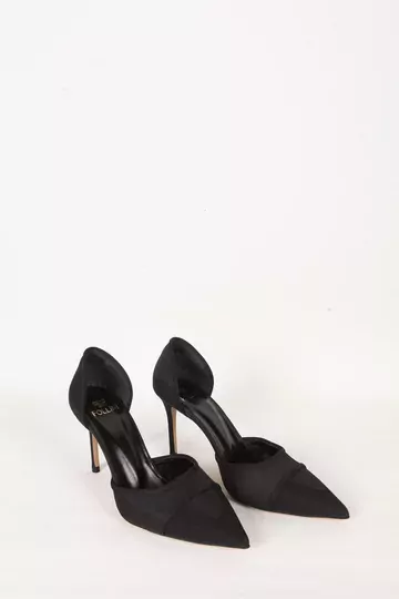 Kadın Siyah Saten Hakiki Deri Topuklu Ayakkabı