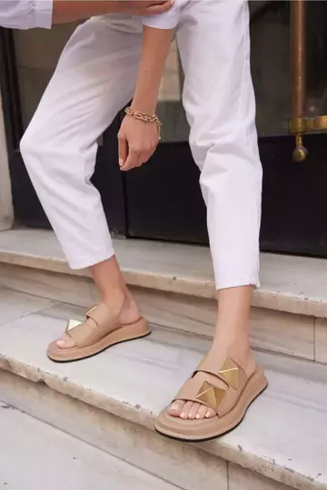 Kadın Vizon Hakiki Deri Aksesuar Detaylı Terlik