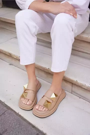 Kadın Vizon Hakiki Deri Aksesuar Detaylı Terlik