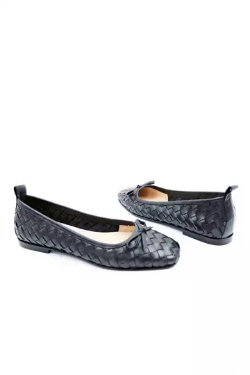 Kadın Hakiki Deri Örgülü Babet Siyah