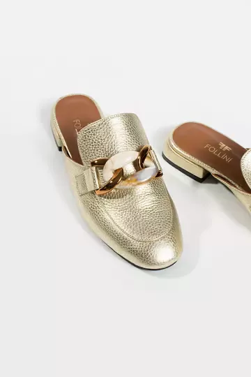 Kadın Altın Deri Aksesuar Detaylı Terlik