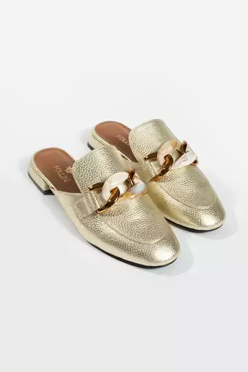 Kadın Altın Deri Aksesuar Detaylı Terlik