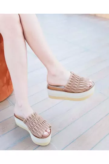 Kadın Deri Terlik Dolgu Topuk Vizon