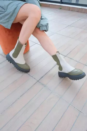 Kadın Deri Bot Bej-Yeşil