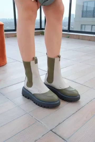 Kadın Deri Bot Bej-Yeşil