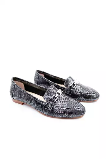 Kadın Hakiki Deri Babet Siyah Gri Rugan