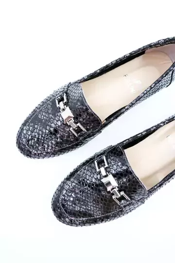 Kadın Hakiki Deri Babet Siyah Gri Rugan