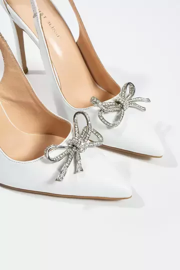 Kadın Deri Ayakkabı Aksesuar Detaylı Topuklu Beyaz