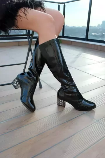 Kadın Deri Çizme Streç Siyah Rugan