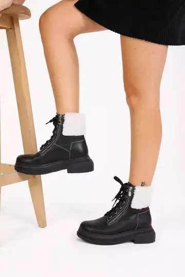 Kadın Deri Bot Kürk Detaylı Siyah