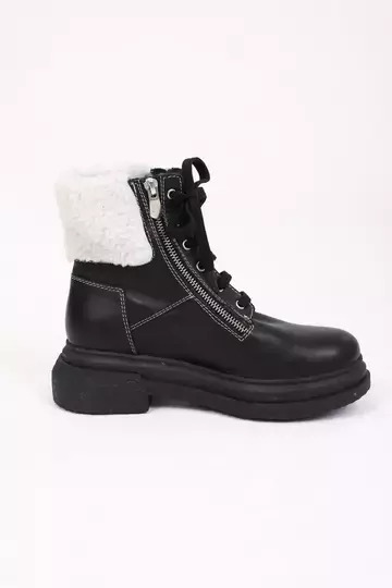 Kadın Deri Bot Kürk Detaylı Siyah