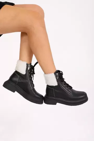 Kadın Deri Bot Kürk Detaylı Siyah