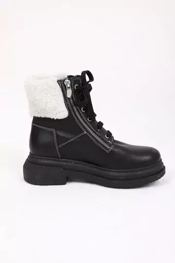 Kadın Deri Bot Kürk Detaylı Siyah