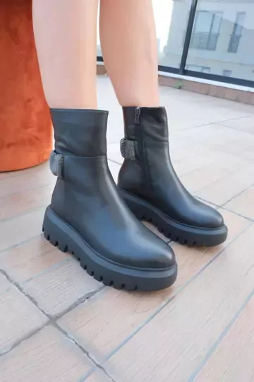 Kadın Deri Bot Taş Detaylı Siyah