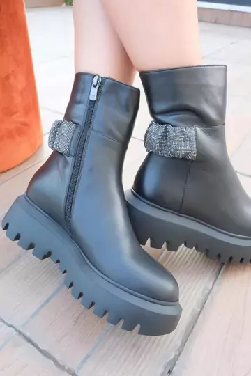 Kadın Deri Bot Taş Detaylı Siyah