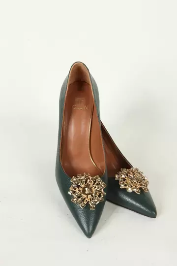 Kadın Yeşil Deri Aksesuar Detaylı Abiye Ayakkabı