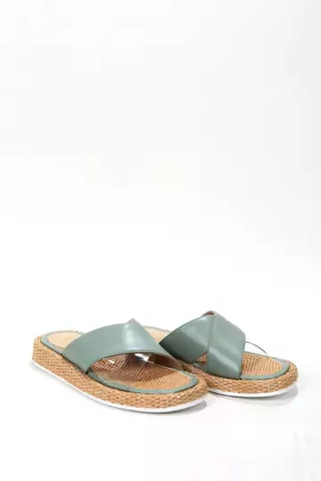 Kadın Yeşil Hasır Detaylı Terlik