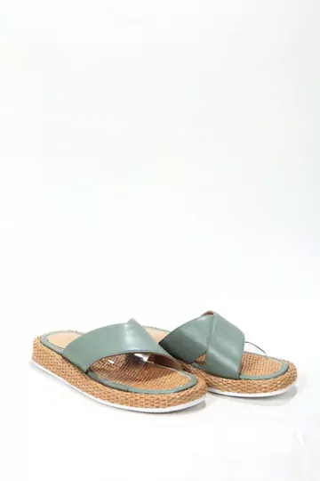 Kadın Yeşil Hasır Detaylı Terlik