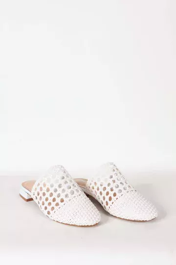 Kadın Beyaz Örgü Detaylı Terlik