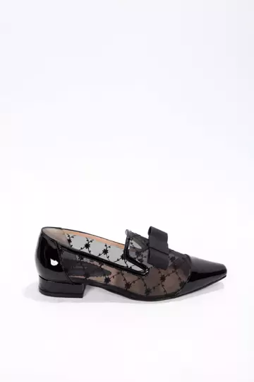 Kadın Siyah Rugan Tül Fiyonk Detaylı Ayakkabı