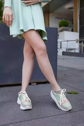 Kadın Yeşil Deri Sneaker Spor Ayakkabı