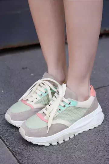 Kadın Yeşil Deri Sneaker Spor Ayakkabı