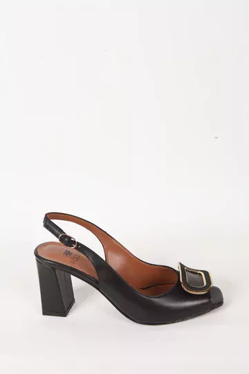 Kadın Deri Ayakkabı Aksesuar Detaylı Topuklu Siyah