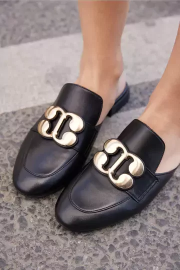 Kadın Deri Terlik Topuklu Siyah