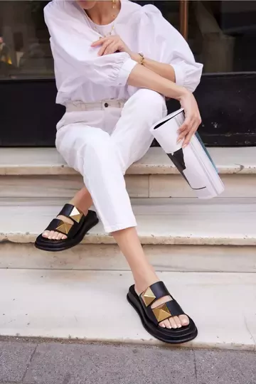 Kadın Vizon Hakiki Deri Aksesuar Detaylı Terlik