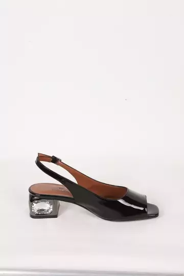 Kadın Siyah Rugan Hakiki Deri Topuk Detaylı Abiye Ayakkabı