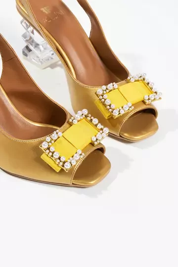 Kadın Sarı Hakiki Deri Aksesuar  Detaylı Topuklu Ayakkabı