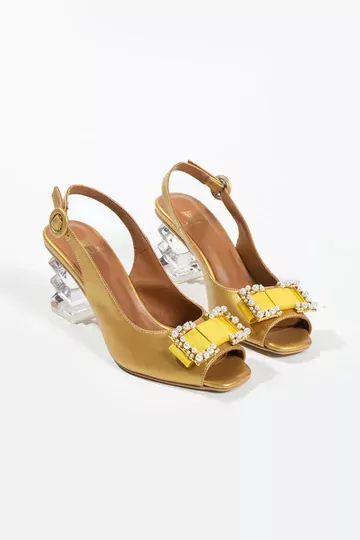 Kadın Sarı Hakiki Deri Aksesuar  Detaylı Topuklu Ayakkabı