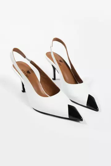 Kadın Beyaz Hakiki Deri Burun Detaylı Topuklu Ayakkabı