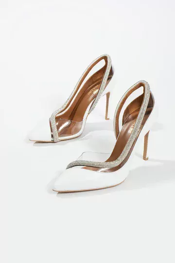 Kadın Beyaz Hakiki Deri Taş Detaylı Topuklu Ayakkabı