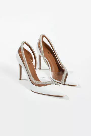 Kadın Beyaz Hakiki Deri Taş Detaylı Topuklu Ayakkabı