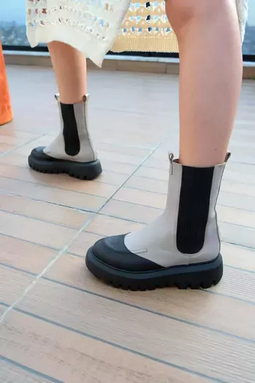 Kadın Deri Bot Bej-Yeşil