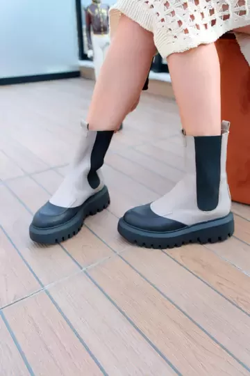 Kadın Deri Bot Bej-Yeşil