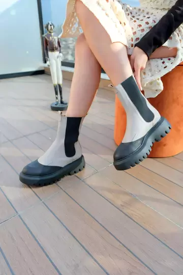 Kadın Deri Bot Bej-Yeşil