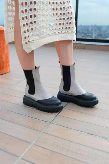 Kadın Deri Bot Bej-Yeşil