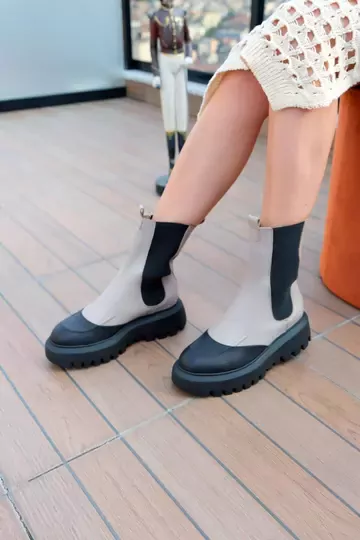 Kadın Deri Bot Bej-Yeşil