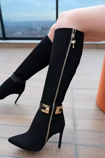 Kadın Deri Çizme Aksesuar Detaylı Siyah Süet