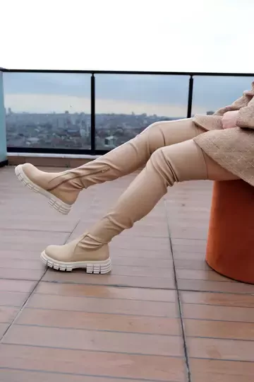 KADIN BEJ HAKİKİ DERİ STREÇ DİZ ÜSTÜ ÇİZME