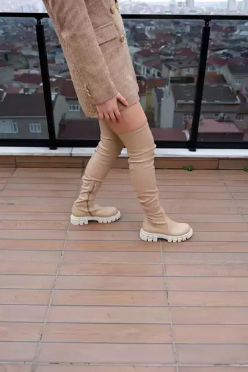 KADIN BEJ HAKİKİ DERİ STREÇ DİZ ÜSTÜ ÇİZME